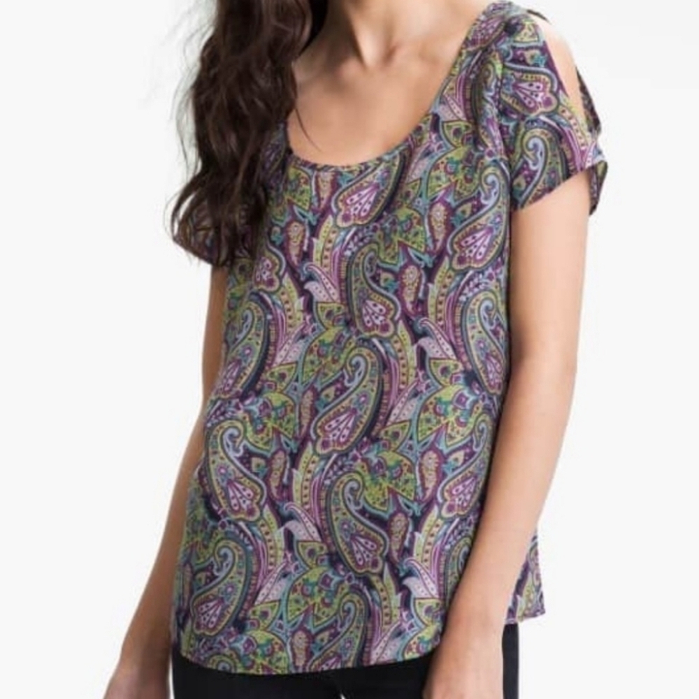 Hinge Purple & Green Paisley Print 100% Silk Split Shoulder Top - Size Medium